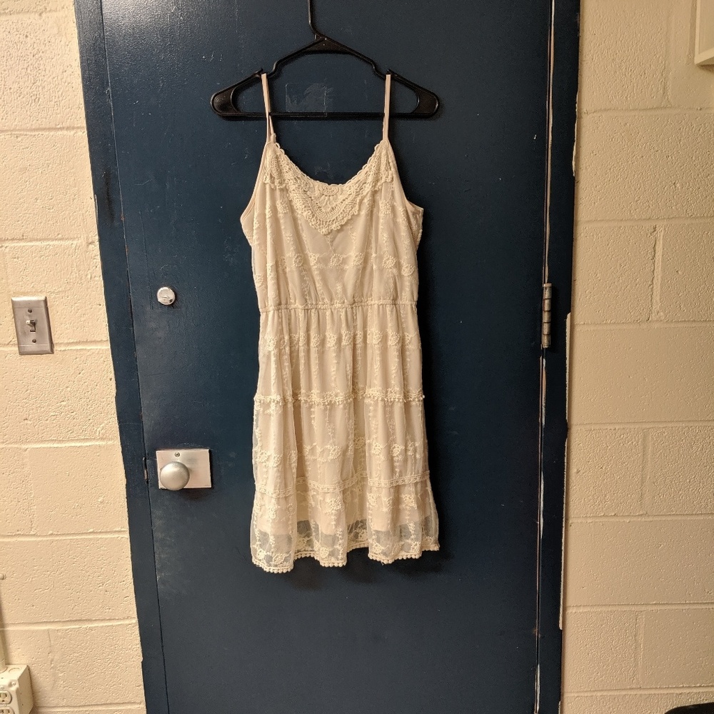 Tan lace fit and flare dress